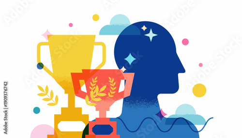 Illustrative concept of achievement, success, and cognitive prowess represented by trophies and a human head silhouette