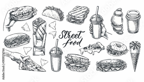 Hand-drawn collection of various fast food items and beverages, perfect for menu design or culinary-themed projects