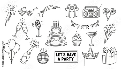 Celebration icons featuring a birthday cake, champagne, presents, disco ball, and party decorations for festive occasions and events