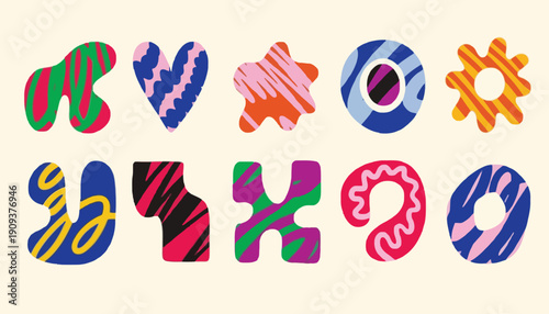 Whimsical geometric abstract shapes with vibrant colors and playful textures, evoking a sense of fun and creativity for graphic design