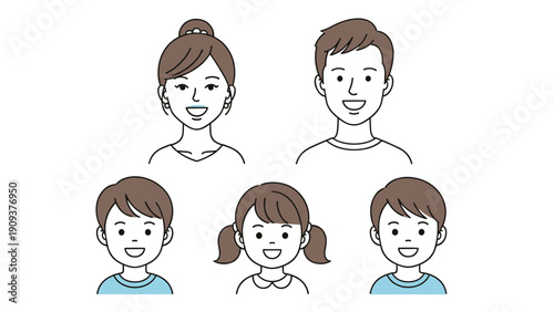 Set of five smiling portraits showing a father, mother, two boys, and a girl representing a happy and diverse modern family.