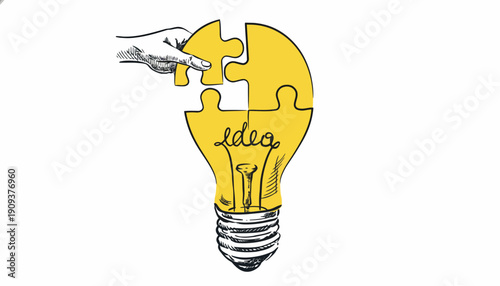 Illustrative concept of a hand assembling jigsaw puzzle pieces to form a glowing light bulb symbolizing a brilliant idea, innovation, and creative thinking