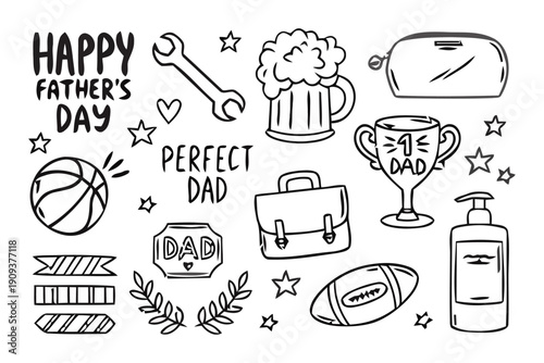 Father's Day celebration with beer and sports equipment icons tu