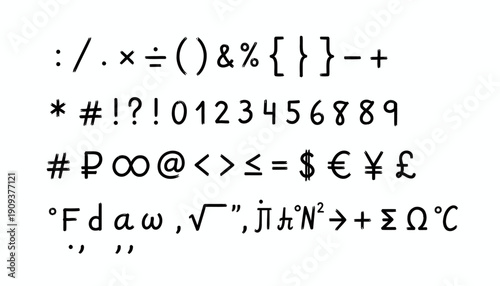 Mathematical symbols and characters are arranged on a plain surface for reference