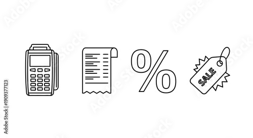 Payment icons: POS terminal, receipt, percentage, and sale tag, representing commerce and finance.