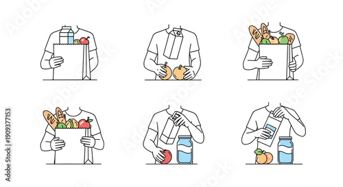 Person unpacking groceries, placing food into jars and bags, healthy eating concept