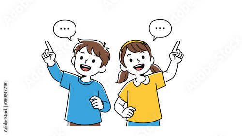 Curious boy and girl looking up and pointing while thinking with speech bubbles above their heads on a clean white background.