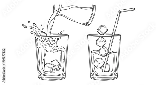 Refreshing Drink Being Poured into Glass with Ice Cubes and Straw