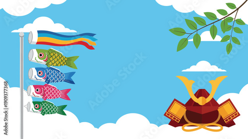 Traditional Japanese Childrens Day celebration banner featuring colorful koinobori carp streamers and a samurai helmet against blue sky.
