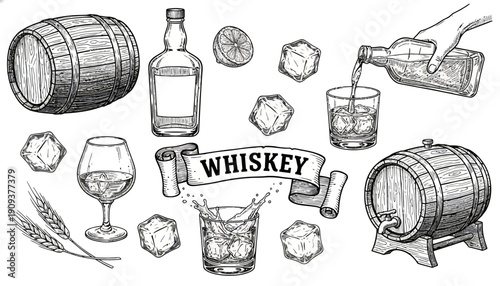 Whiskey barrels and bottles on a table with glasses and ice cubes tu 125 ai