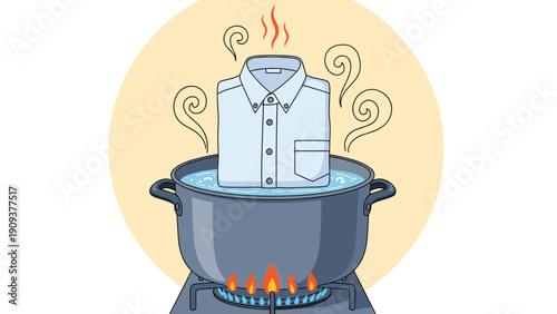 White dress shirt being boiled in a large pot of water on a gas stove for deep cleaning and stain removal process at home.