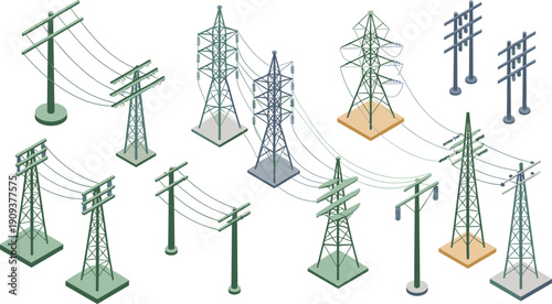 Isometric electrical transmission towers illustration set, overhead power lines infrastructure diagram, utility engineering technical energy distribution drawing