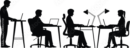 Office worker silhouette set, businessman and businesswoman working on laptop computers at desk, corporate workplace vector illustration collection isolated on white background