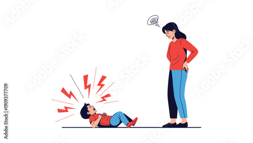 Young child lying on the floor having a loud temper tantrum while a frustrated mother stands over him feeling very stressed.