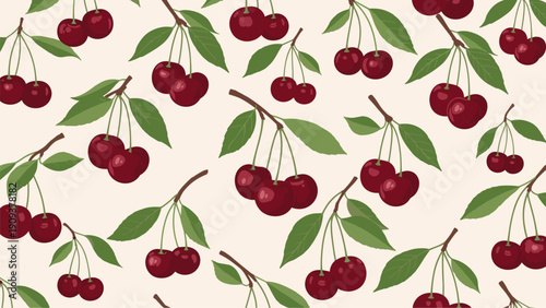 Seamless background pattern with multiple bunches of ripe red cherries and green leaves on an off white cream colored surface.