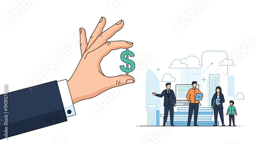Large business hand holding a dollar sign symbol with a group of professionals and a child standing in front of city buildings.
