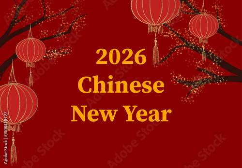 Chinese New Year 2026 festive red background with traditional Chinese lanterns, blooming plum blossom branches, and elegant golden text. Symbol of luck, prosperity, wealth, and new beginnings for Luna