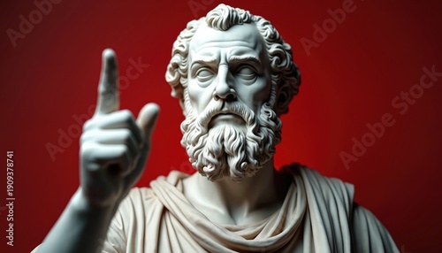 Marble statue of ancient Greek philosopher. Thinker with beard wears toga pointing finger up. Classical sculpture on red background, wisdom, intellect, and history concept.