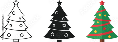 Festive christmas tree illustration with star topper and ornaments featuring a stylized green fir tree adorned with red ribbon stripes and yellow baubles presented in a clean flat