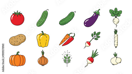 Collection of vegetable icons including tomato, cucumber, eggplant, potato, pepper, carrot, radish, onion, and wheat on a white background.