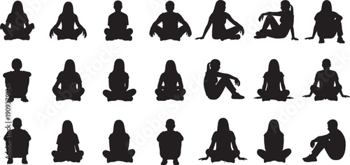 Black silhouettes of seated individuals in diverse postures, arranged in grid format, representing human body language, ergonomic study, and minimalistic design illustration concept