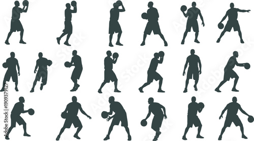 Black silhouettes of basketball players in dynamic poses, dribbling, shooting, passing, and defending, representing athletic movement, sports training, and energetic basketball concept illustration