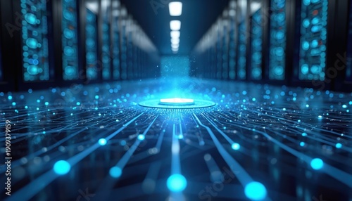 Digital abstract of glowing circuits, server racks in data center. Futuristic blue light streams symbolize data flow, AI processing. Technology infrastructure shows complex network connections,