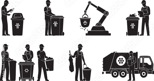 Collaborative Waste Management and Recycling Silhouette Icon Set