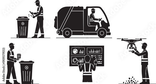 Sanitation and Waste Management Technology Silhouette Icon Set