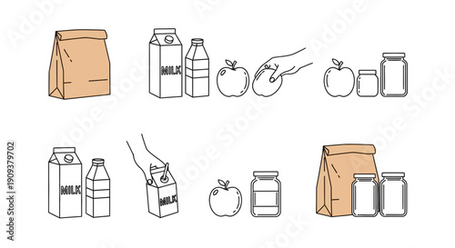 Lunchbox meal prep: milk, apples, jars, and paper bag illustrations
