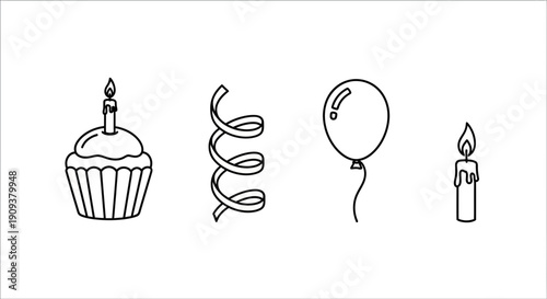Hand-drawn birthday icons: cupcake, streamer, balloon, candle on white background