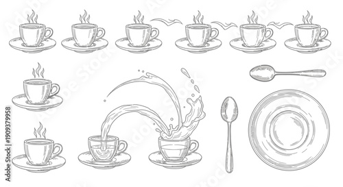Hand-drawn coffee cups with steam, splashing liquid, spoons, and saucers. Vintage sketch.