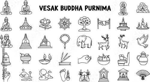Vesak Buddha Purnima Icons: Line Art Collection of Buddhist Symbols and Deities for Religious Celebrations
