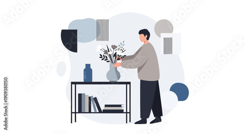 Man Arranging Flowers in Vase, Modern Interior with Abstract Shapes