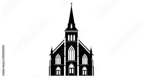 A serene church building with a tall spire and arched windows stands majestically viewed from the front