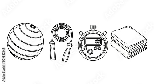 Fitness Equipment Icons: Exercise Ball, Jump Rope, Stopwatch, Towel - Isolated