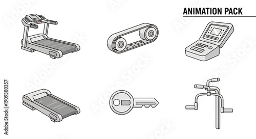 Fitness Equipment Icons: Treadmill, Key, Exercise Machine, Animation Pack