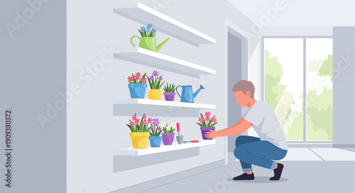 Man Arranging Potted Flowers on Shelves