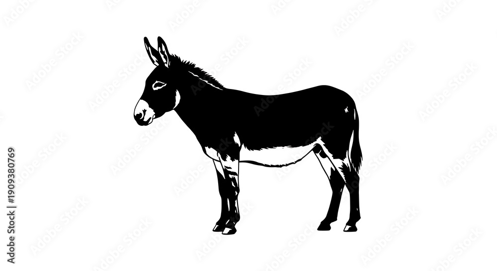 Obraz premium Black and white illustration of a donkey standing in profile view
