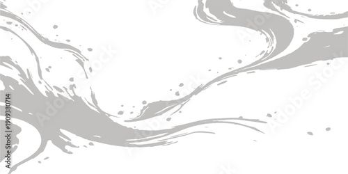 Abstract grunge black and white background with a vintage floral pattern featuring ink splash elements and a flowing wave border design