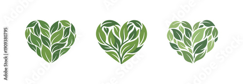 Diverse green foliage intricately arranged into three distinct heart shapes, embodying concepts of natural wellness, ecological harmony, and a commitment to sustainability