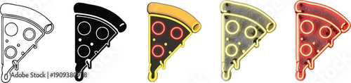 Stylized vector graphic illustrations of pizza slices in various artistic styles including outline silhouette flat color and neon glow effects presented side by side on a neutral