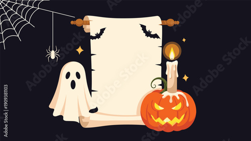 Halloween greeting card design features a spooky ghost, carved pumpkin, spider web, and bats around a blank parchment scroll.