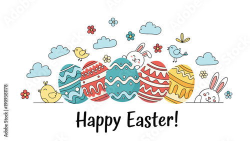 Happy easter banner displays colorful decorated eggs, cute bunnies, yellow chicks, and spring flowers under a blue cloudy sky.