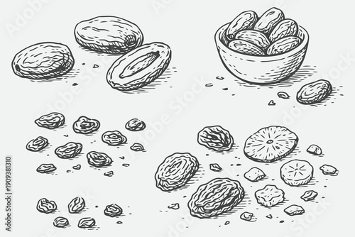Hand Drawn Dates and Dried Fruit Elements Sketch Style Black and White Vector