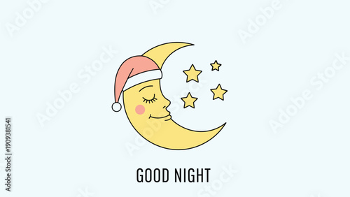 Cute yellow crescent moon wearing a red santa hat sleeps peacefully among shining stars above a good night message on blue.