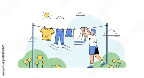 Man Hanging Laundry on Clothesline in Sunny Garden - Flat Illustration