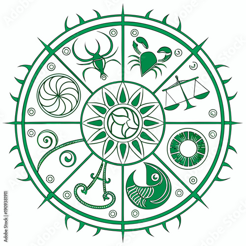 Green zodiac wheel with astrology symbols and balance scales