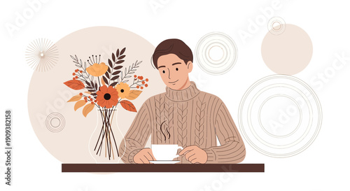 Man in Sweater Drinking Coffee Beside Autumn Flowers Illustration