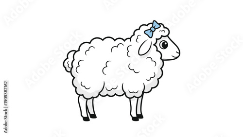 Cute fluffy white sheep with a small blue bow on its head stands sideways against a clean and simple white background surface.